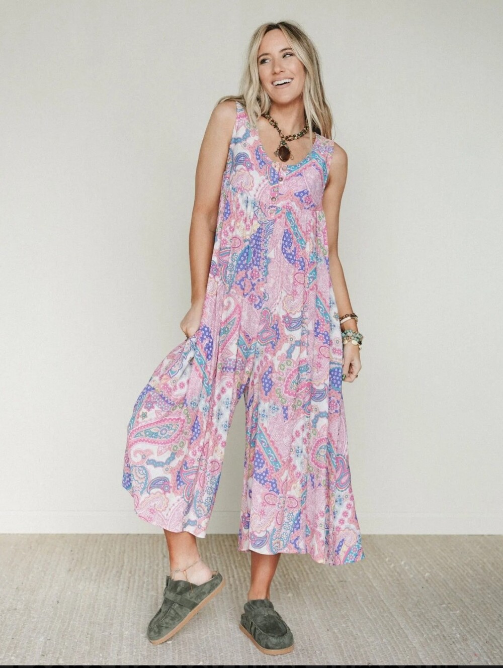 Three Bird Nest Pink & Blue Paisley Sleeveless Wide-Leg Jumpsuit